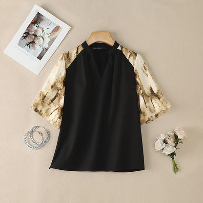 ZANZEA Elegant Blouses for Woman Patchwork Fashion Printed 3/4 Sleeve V-Neck Loose Tops Summer Daily Casual Blusas de Mujer