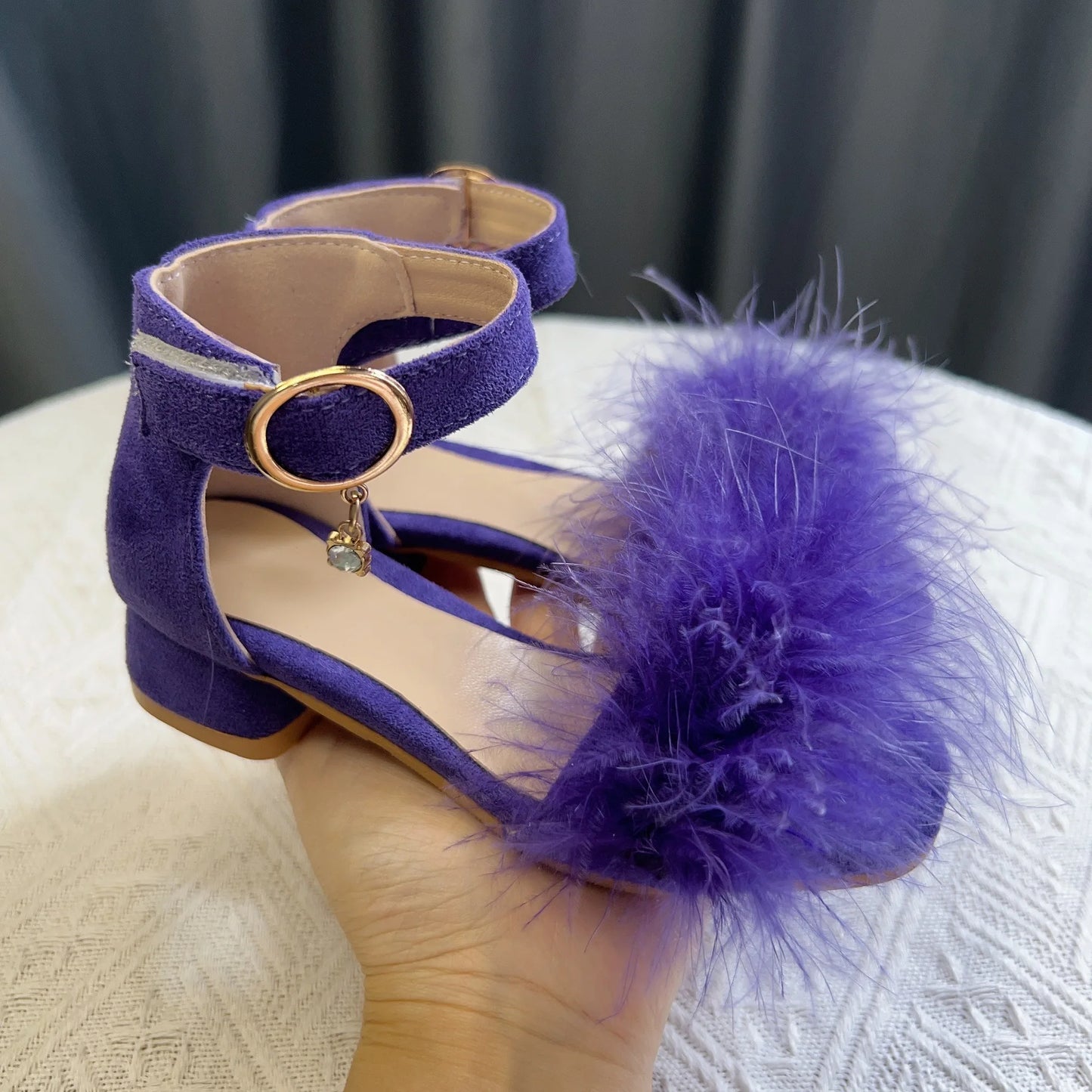 Toddler Girls Sandals Summer Low-heels Children's Sandals Open-toe Princess Fluffy New Versatile Kids Fashion Ankle-strap Shoes