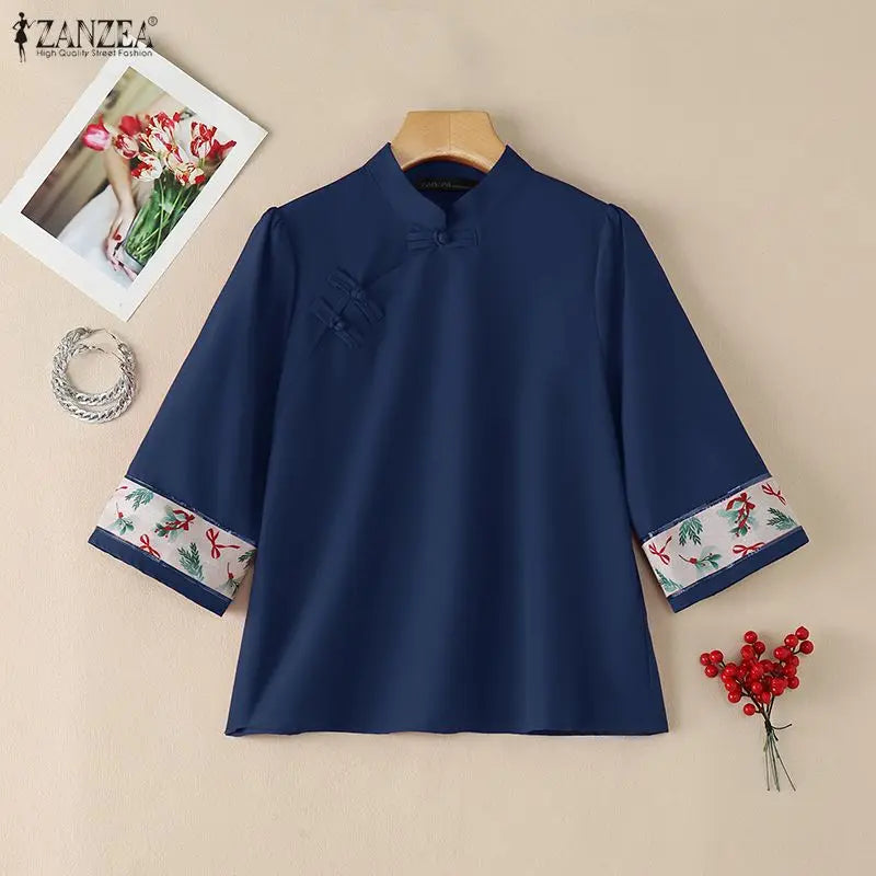 ZANZEA Vintage Blouses for Woman Frog Buttons Mandarin Collar Printing Patchwork 3/4 Sleeves Tops Elegant Retro Blusas de Mujer