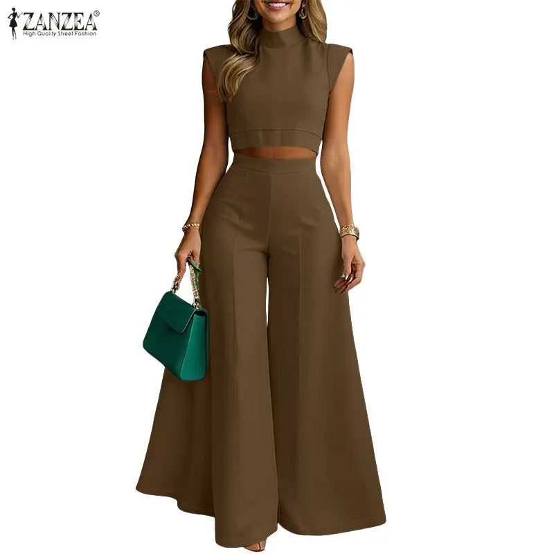 ZANZEA Women's Elegant Pant Suits Wide Leg Pant & Stand Collar Crop Top 2 Pieces Sets Minimalist Fashion Outfits Streetwear