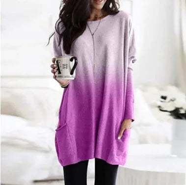 Women's Casual Long Sleeve T-Shirt with Pocket Gradient Color T-Shirt for Autumn And Winter Fashionable And Comfortable