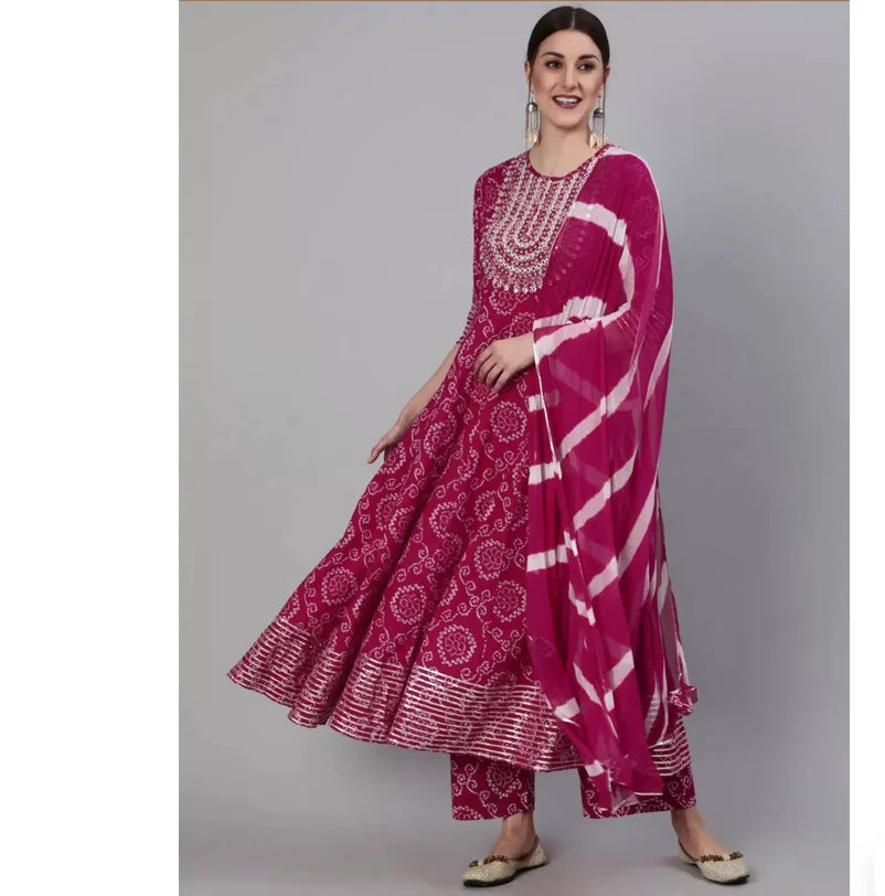 Indian Pure Cotton Rose Red Printed Women's 3-Piece Set for Spring and Summer