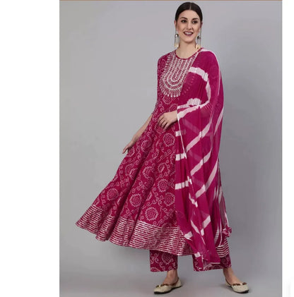 Indian Pure Cotton Rose Red Printed Women's 3-Piece Set for Spring and Summer
