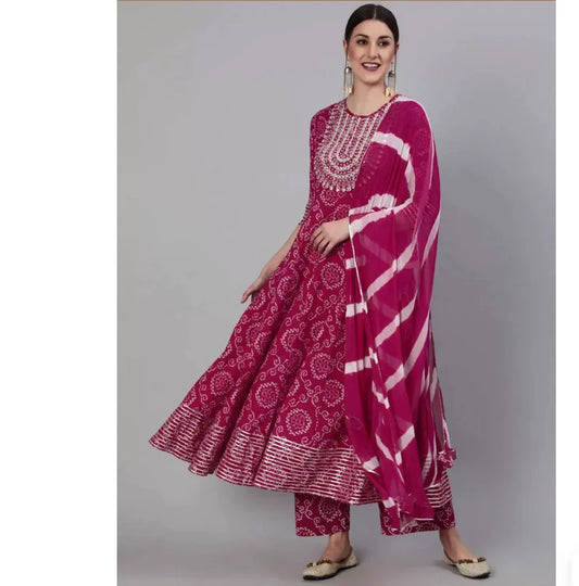 Indian Pure Cotton Rose Red Printed Women's 3-Piece Set for Spring and Summer