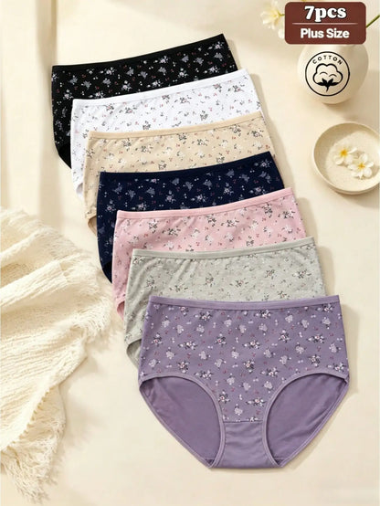 7PCS Plus Size Ditsy Floral Print Cotton Briefs, Mid Rise Multi Color Everyday Underwear, Ladies Casual Basic Printed Panty Mult