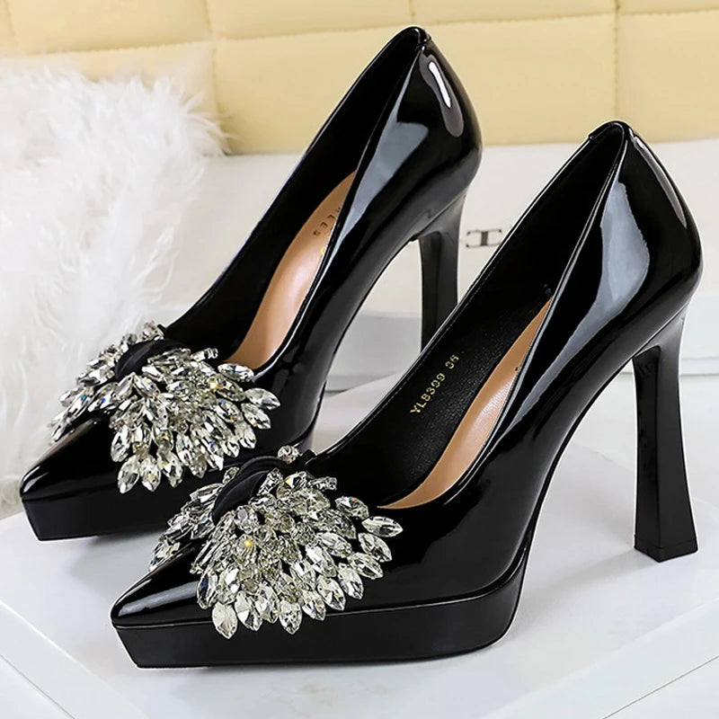 BIGTREE Shoes Platform Heels Women Pumps Rhinestone Bow High Heels 12 CM Patent Leather Woman Heels Luxury Sexy Party Shoes Lady