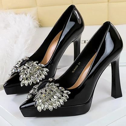 BIGTREE Shoes Platform Heels Women Pumps Rhinestone Bow High Heels 12 CM Patent Leather Woman Heels Luxury Sexy Party Shoes Lady