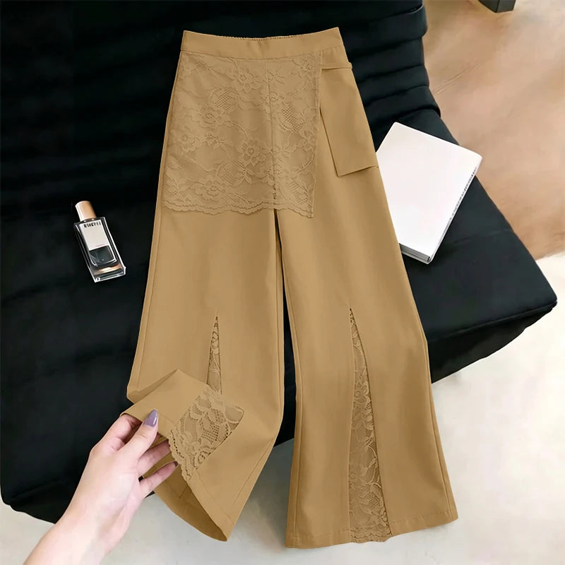 ZANZEA Women Wide Leg Pants Fashion Lace Patchwork Pant Casual Loose Long Trousers Elastic Waist Streetwear Oversized
