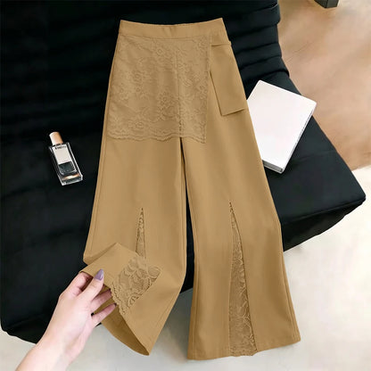 ZANZEA Women Wide Leg Pants Fashion Lace Patchwork Pant Casual Loose Long Trousers Elastic Waist Streetwear Oversized