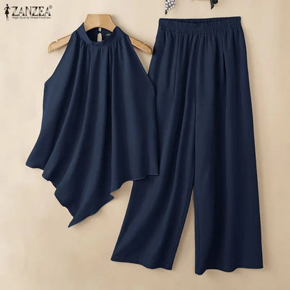 ZANZEA Women Street Fashoin Matching Pant Sets Summer Asymmetrical Hem Sleeveless Tops & Wide Leg Pants 2 Pieces Suits Outfits