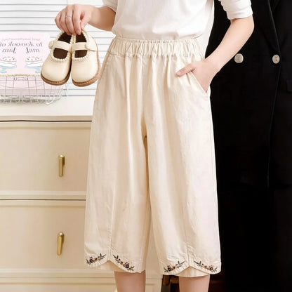 Girls' Embroidered Lace Trim Trousers Spring Summer Korean Country Garden Style Loose Fit Breathable Versatile Everyday Wear