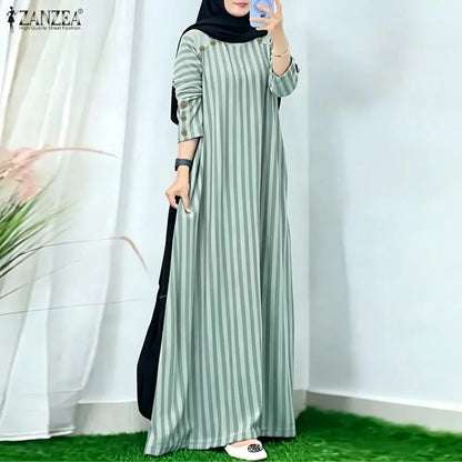 Ramadan Abaya Muslim Dress ZANZEA Women Striped Maxi Dresses Elegant O Neck Long Sleeve Pleated Sundress Robe Casual Kaftan