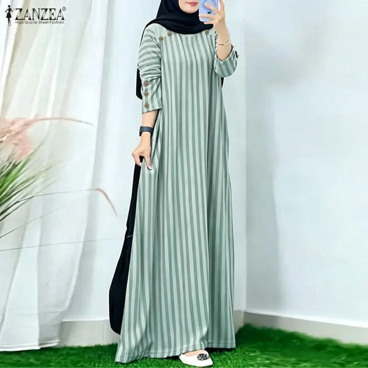 Ramadan Abaya Muslim Dress ZANZEA Women Striped Maxi Dresses Elegant O Neck Long Sleeve Pleated Sundress Robe Casual Kaftan