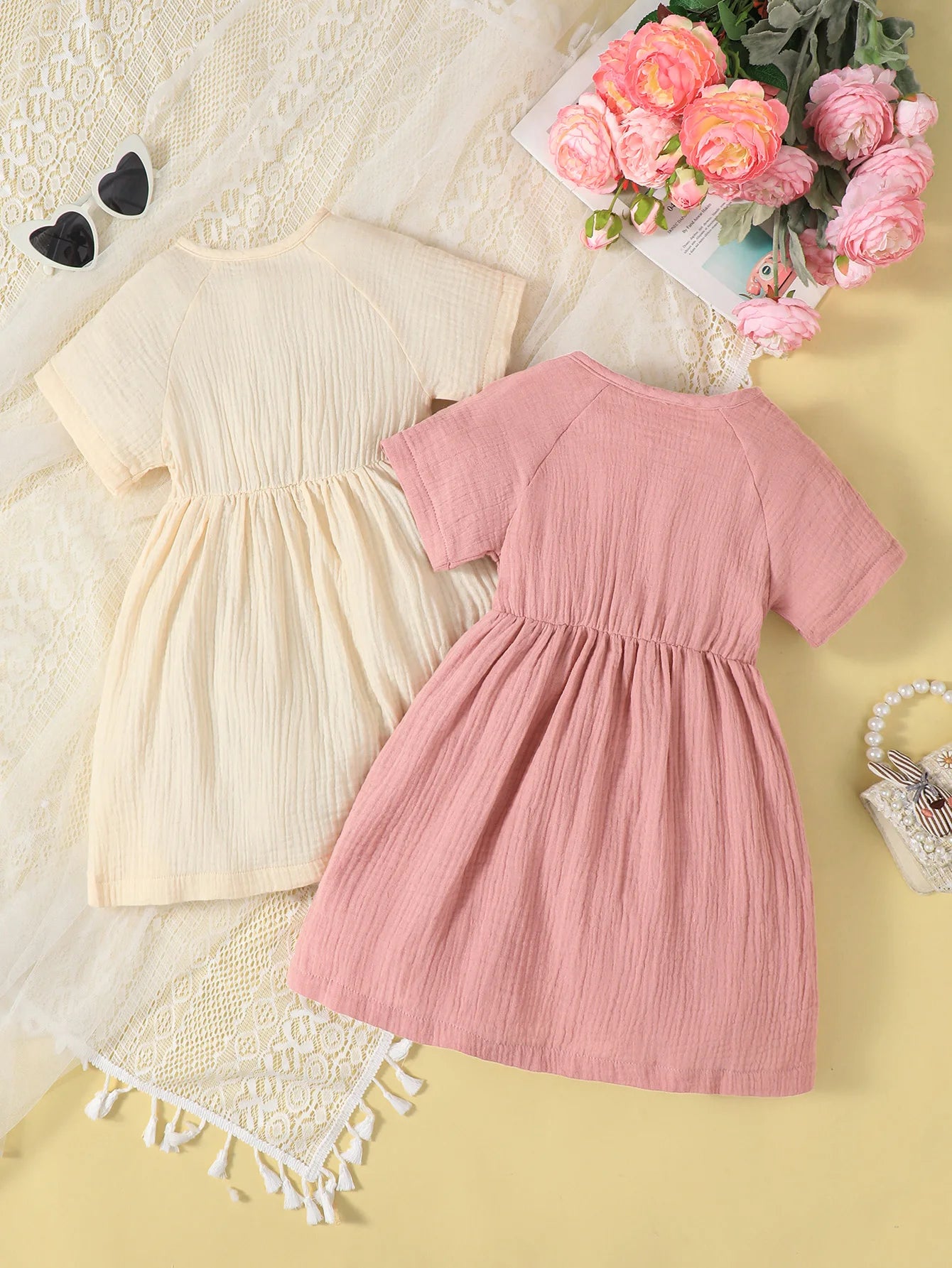 2-Pack Girls Solid Color Short Sleeve round Neck Casual Comfortable Dress Suitable for Spring/Summer Daily Wear
