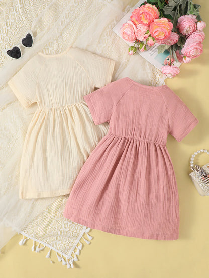 2-Pack Girls Solid Color Short Sleeve round Neck Casual Comfortable Dress Suitable for Spring/Summer Daily Wear