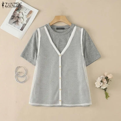 ZANZEA Summer Women Blouses Hollow Out Mesh Patchwork Tops Tee Short Sleeve Blusas Streetwear Party Fashion Tunic Oversize