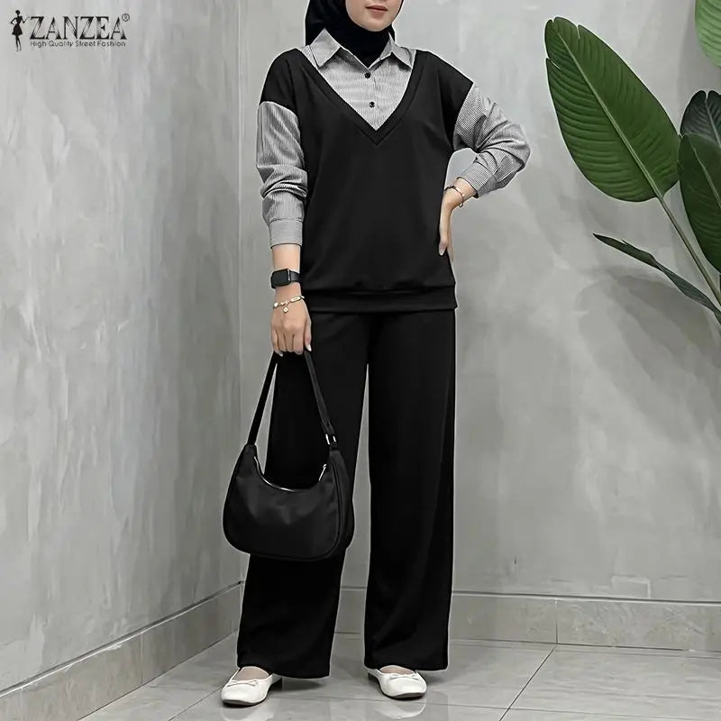 Autumn Outfits ZANZEA Women Casual Long Sleeve Stripe Patchwork Tops Shirt Elastic Waist Trousers Suit Muslim Matching Sets