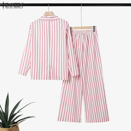 ZANZEA Casual Office Stripe Suits Women Striped Outfit Two Piece Vintage Long Sleeve Double Breasted Blazer Wide Leg Pants Sets