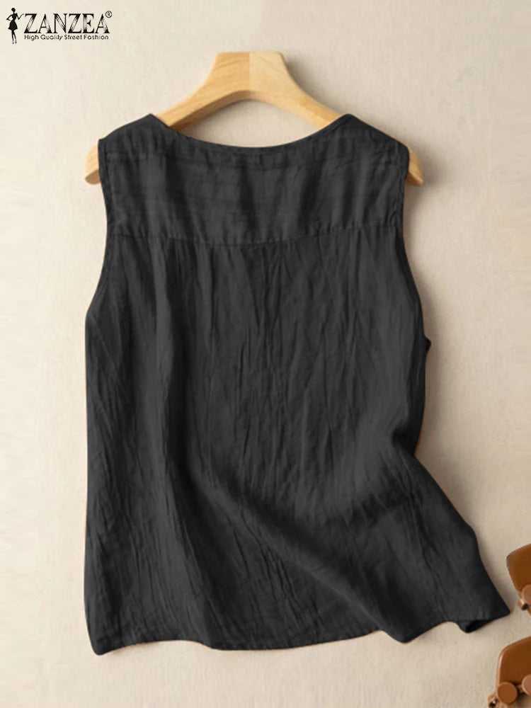 ZANZEA Summer Tank Tops Woman Fashion Sleeveless Blouse O-Neck Solid Color Button Shirt Female Casual Holiday Blusas Mujer 2023