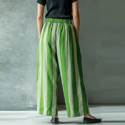 Summer High Waist Pocket Striped Printed Pants Women Casual Pocket Wide Leg Pants Female Fashion Streetwear