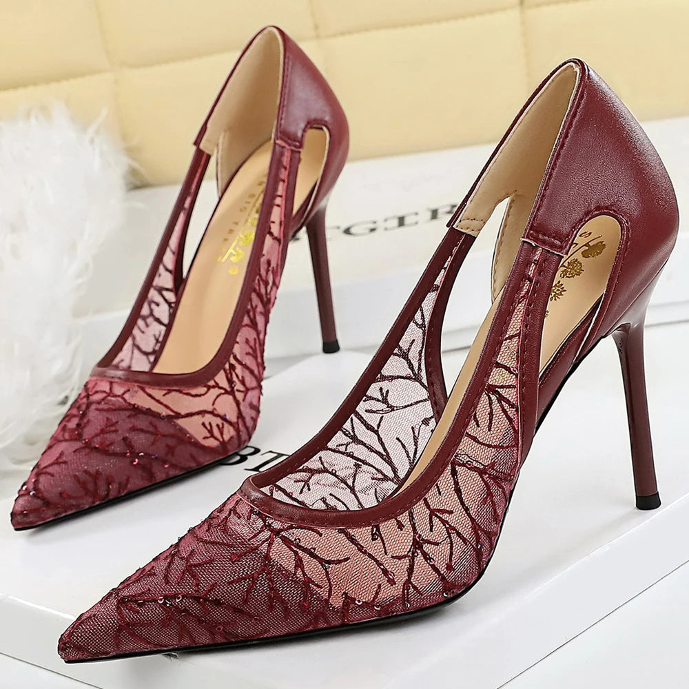 BIGTREE Shoes Women Pumps Hollow Lace Mesh High Heels Sexy Party Shoes Stiletto Heels 9.5 cm Pointed Tip Female Banquet Shoes