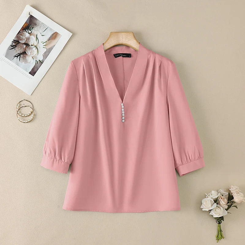ZANZEA Women Sophisticated Pearls Detail Blouses V-Neck Pleated 3/4 Puff Sleeve Solid Color Tops Office Elegant Blusas de Mujer