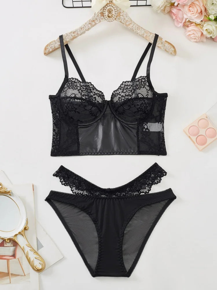 2Pcs Black Lace Bra Set French Style Women Bra Panties Breathable Mesh Underwear Elegant Ladies Ultra Thin Underwear Panties Set