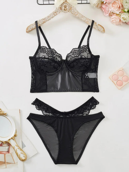 2Pcs Black Lace Bra Set French Style Women Bra Panties Breathable Mesh Underwear Elegant Ladies Ultra Thin Underwear Panties Set