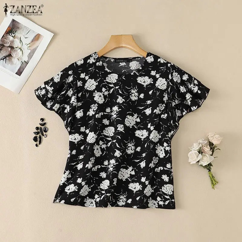 ZANZEA Summer Short Sleeve Tops Fashion Ruffles Women Blouses Floral Print Blouse Tee Streetwear OL Work Party Blusas Tunic 3XL