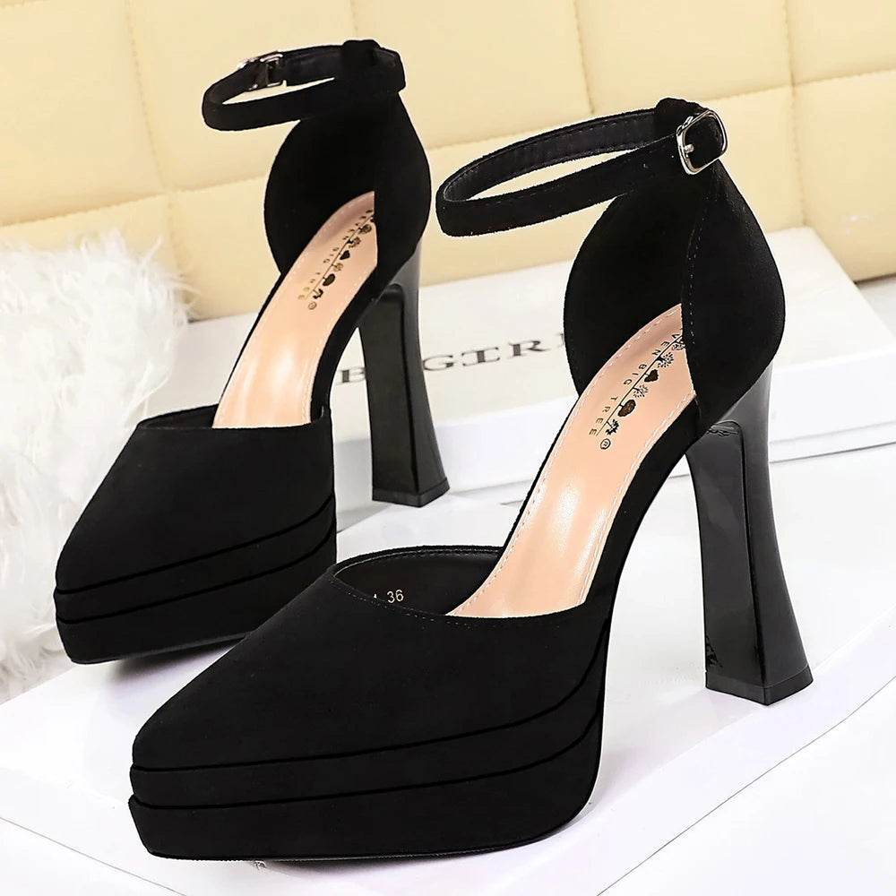 BIGTREE Shoes Platform Heels Women Pumps Chunky Heel Ladies Shoes Suede Ultra High Heels 11 cm Buckle Heeled Sandals Summer Shoe