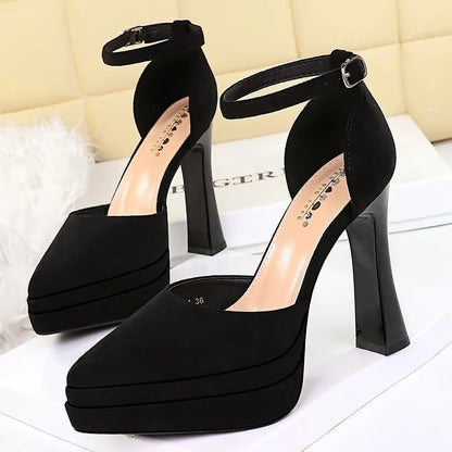 BIGTREE Shoes Platform Heels Women Pumps Chunky Heel Ladies Shoes Suede Ultra High Heels 11 cm Buckle Heeled Sandals Summer Shoe