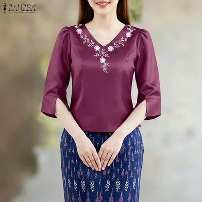 ZANZEA Elegant Woman Satin Short Blouses V-Neck 3/4 Sleeve Floral Embroidery Slim Fit Tops Classy Ladies Blusas 2026 Spring 3XL
