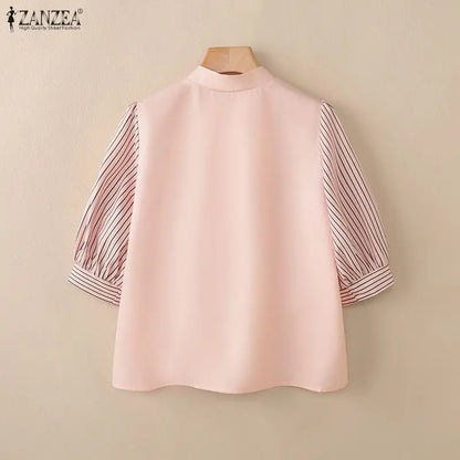 ZANZEA Women's Elegant Bow Tie Neck Blouses Summer Striped 3/4 Puff Sleeve Patchwork Casual Tops Office Commute Blusas de Mujer