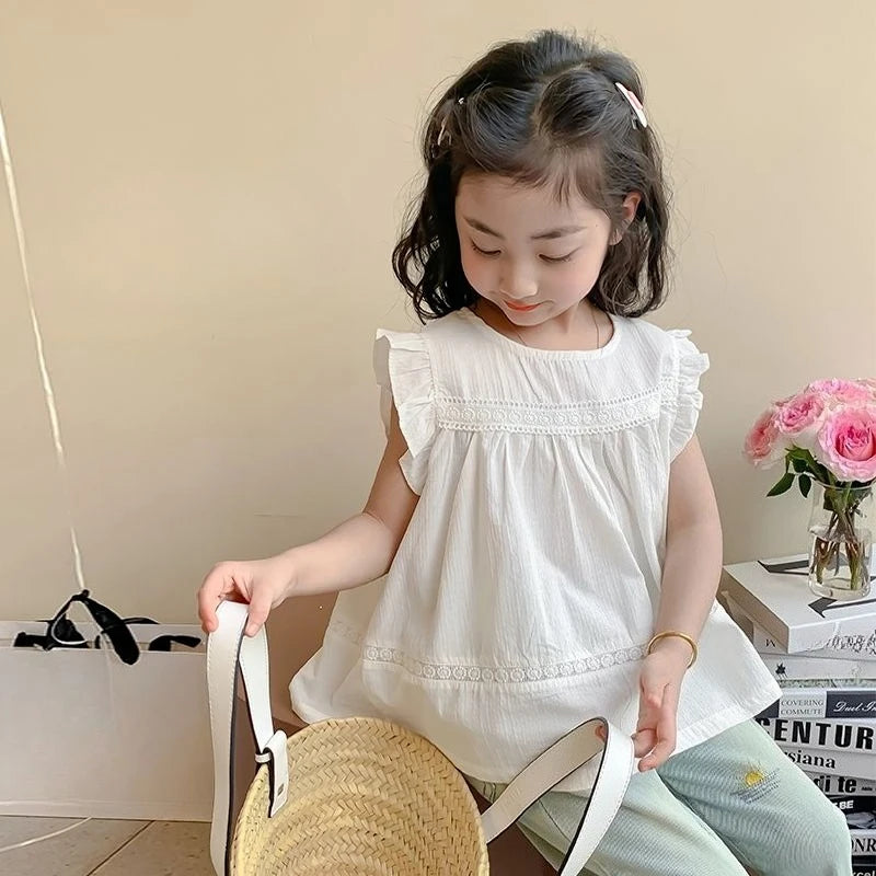 Girls Korean Fashion Summer Blouse Puff Flutter Sleeve Babydoll Shirt Elegant Casual Top Kids Cute Stylish Clothes for Toddler