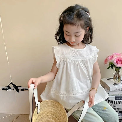 Girls Korean Fashion Summer Blouse Puff Flutter Sleeve Babydoll Shirt Elegant Casual Top Kids Cute Stylish Clothes for Toddler