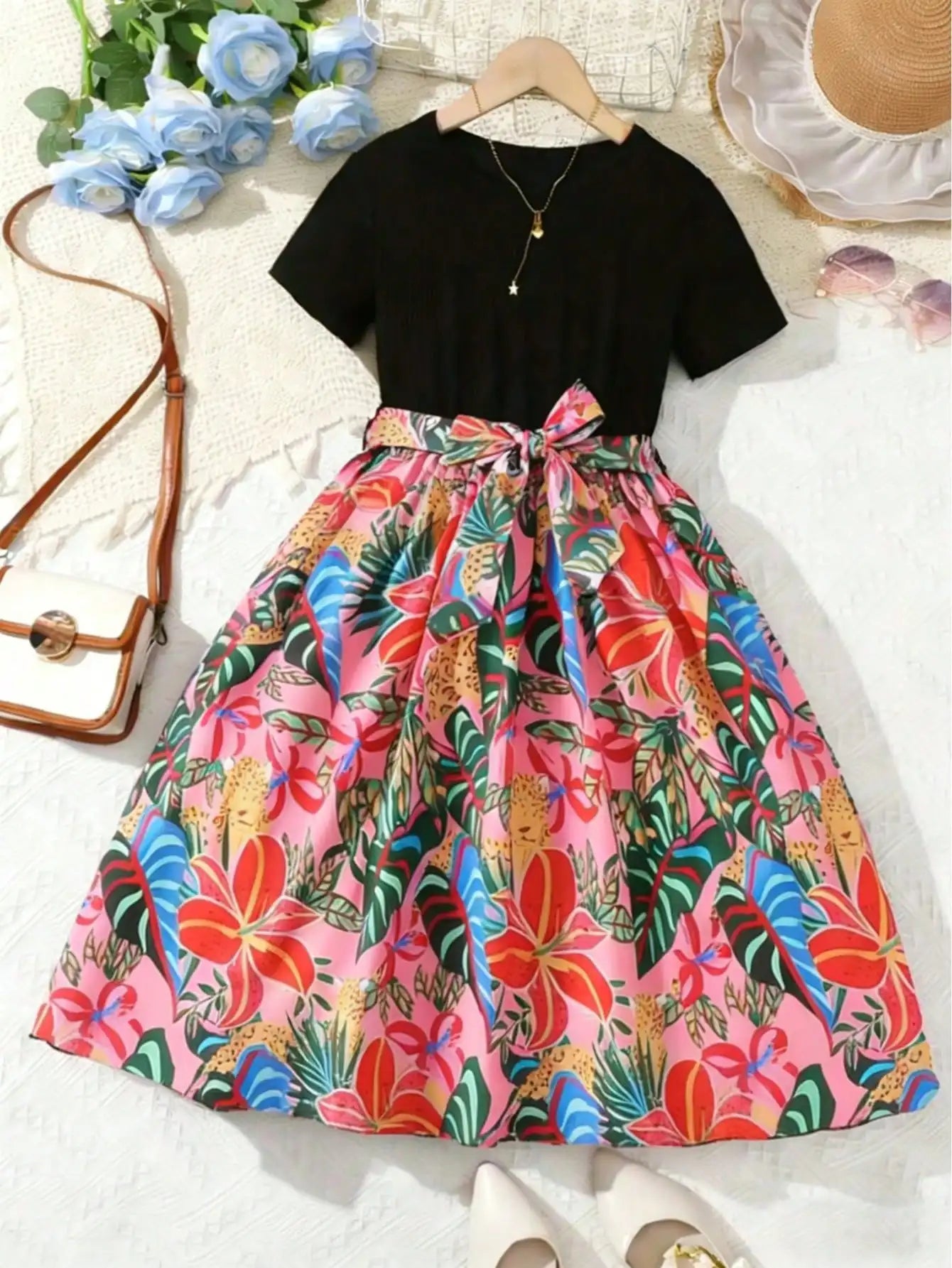 2026 Summer New Collection, Children's and Women's Clothing, Small Flying Sleeve Printed Round Neck Cute Plush Dress