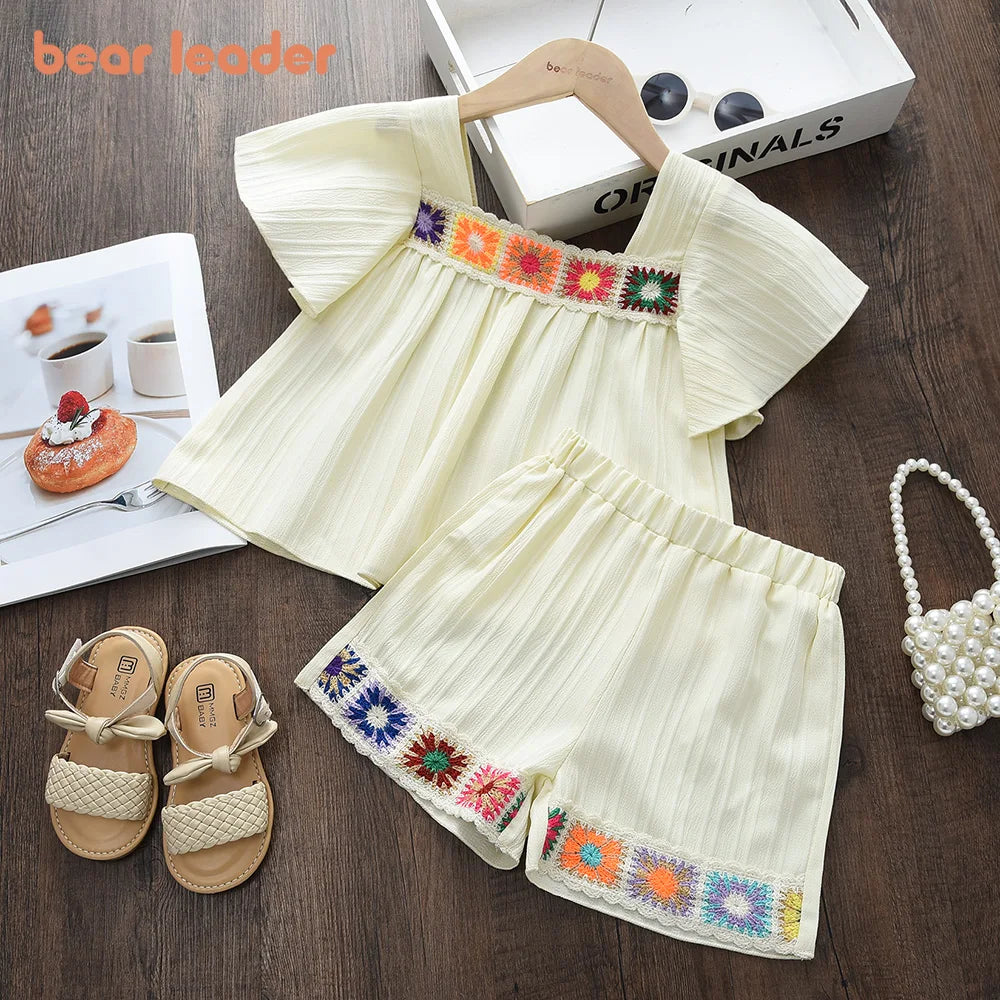 Bear Leader Version Kids Clothes Girls Summer Pink Sleeveless Printed Square Neck Top+Shorts Korean Fashion Casual 2-piece Set