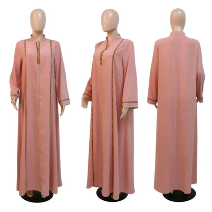 Morocco Abaya Women Dress Diamond Tape Trim Maxi Dress Autumn 2026 Stand Collar Long Sleeve Loose Oman Turkey Dubai Muslim Robe