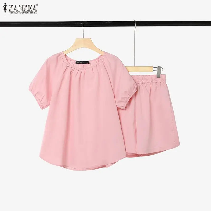 ZANZEA Women 2 Piece Matching Short Sets Loose Short Puff Sleeve Blouse & Elastic Waist Shorts Suits Summer Daily Sets Outfits