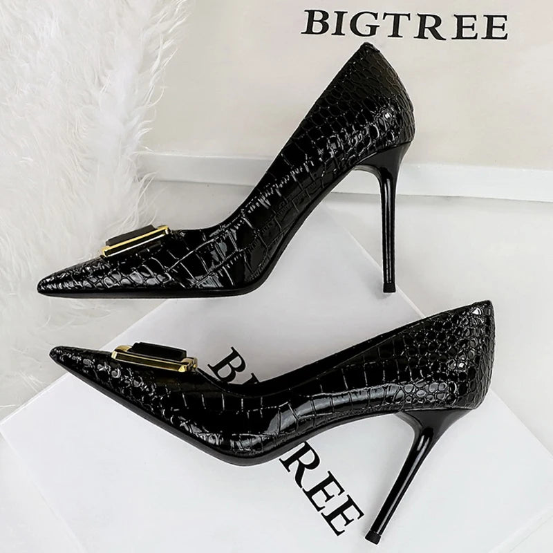 BIGTREE Shoes Women 10 Cm Metal Belt Buckle Ladies Pumps Women Luxury Banquet Shoes Stilettos High Heels Women Sexy Party Shoes