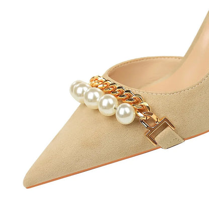 Women 7 cm 11 cm Heels Sharp Pointed Pearl Metal Chain Women Pumps Stilettos Suede High Heels Large Size 43 Sexy Kitten Heels