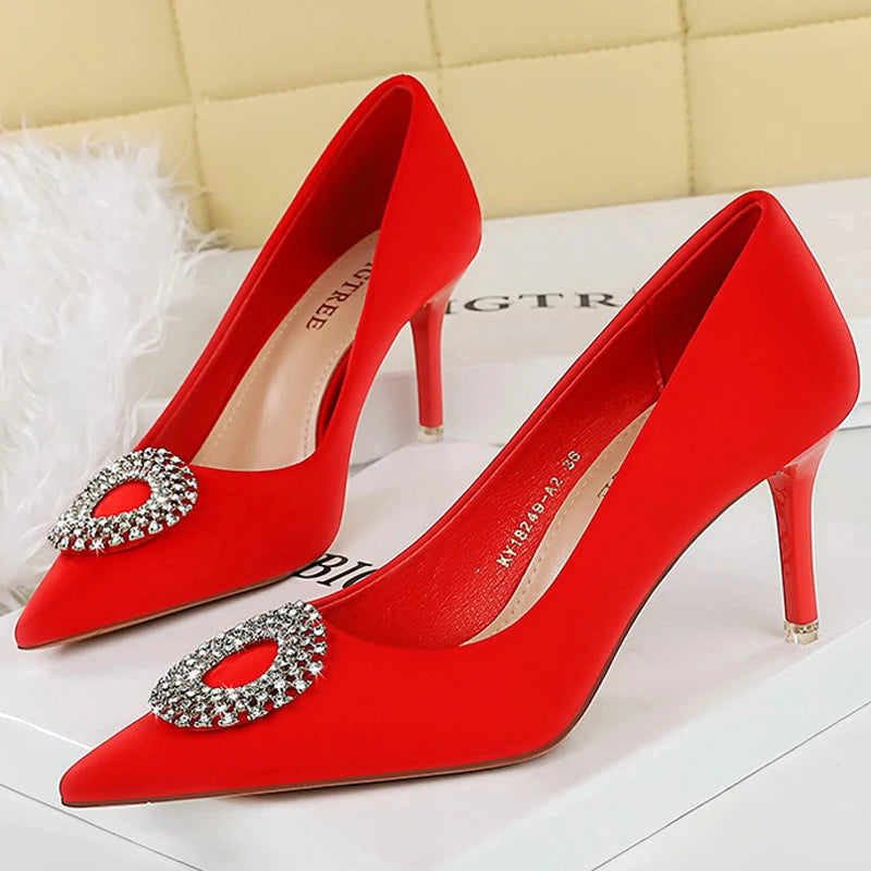 BIGTREE Shoes Women 7.5 cm Heels Rhinestone Round Buckle Women Pumps Silks Satins High Heels Sexy Party Shoes Large Size 34-43