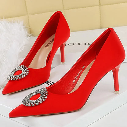 BIGTREE Shoes Women 7.5 cm Heels Rhinestone Round Buckle Women Pumps Silks Satins High Heels Sexy Party Shoes Large Size 34-43