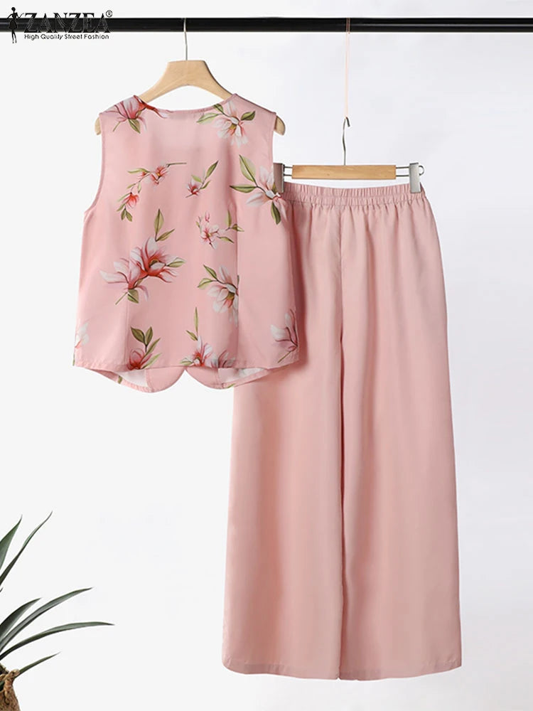 ZANZEA Elegant Women OL Work Pant Sets Summer 2PCS Outfits Casual Loose Wide Leg Trousers Suits Floral Tanks Tops Matching Sets