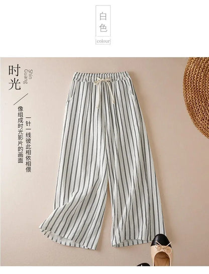 Women's Plus Size Spring and Summer Fashion Hot Selling Classic Black and White Contrast Stripe Casual Loose Cuffed Pants