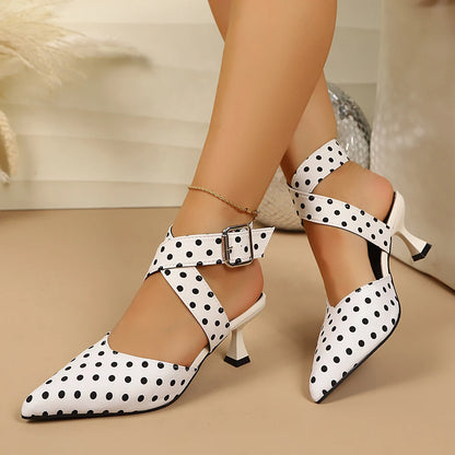 Ladies Cross-Band High Heels Sandals Thin Heel Summer New Polka Dot Slip-On Buckle Strap Elegant Footwear for Women