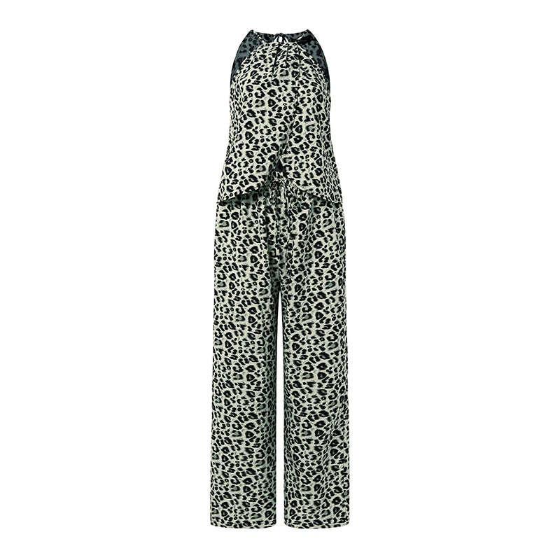 Stylish Women 2 Pieces Sets Leopard Print Holiday Outfits ZANZEA Summer Halter Sleeveless Tanks Tops Beach Pant Sets Streetwear