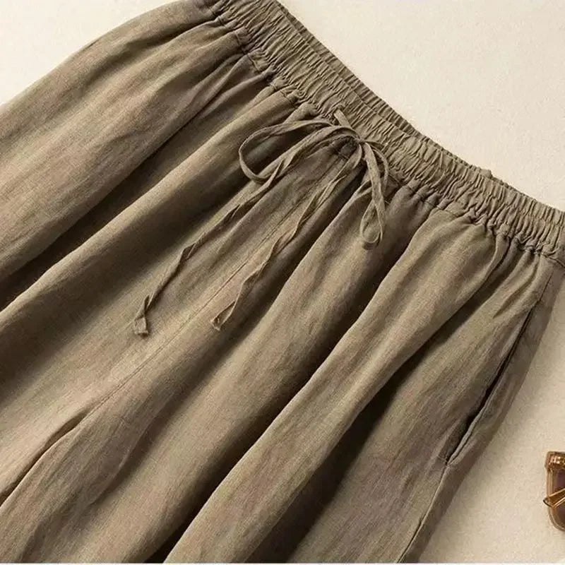 Black Cotton Linen Casual Elastic High Waist Loose Women's Pants Korean Fashion Wide Leg Ankle-Length Pants For Women 2025