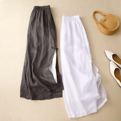 Gray Cotton Linen Casual Elastic High Waist With Lining Women's Pants Korean Fashion Wide Leg Ankle-Length Pants For Women 2024