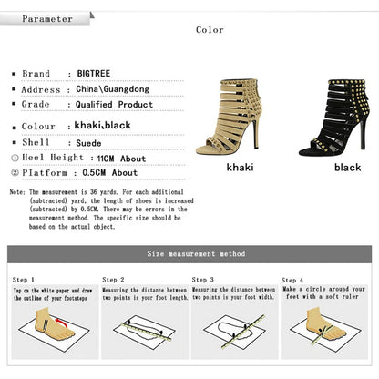 Retro Roman Sandals Women Shoes Rivet Design Heeled Sandals Rear Zipper Sexy High Heels Stiletto 11 cm Hollow Out Summer Shoes